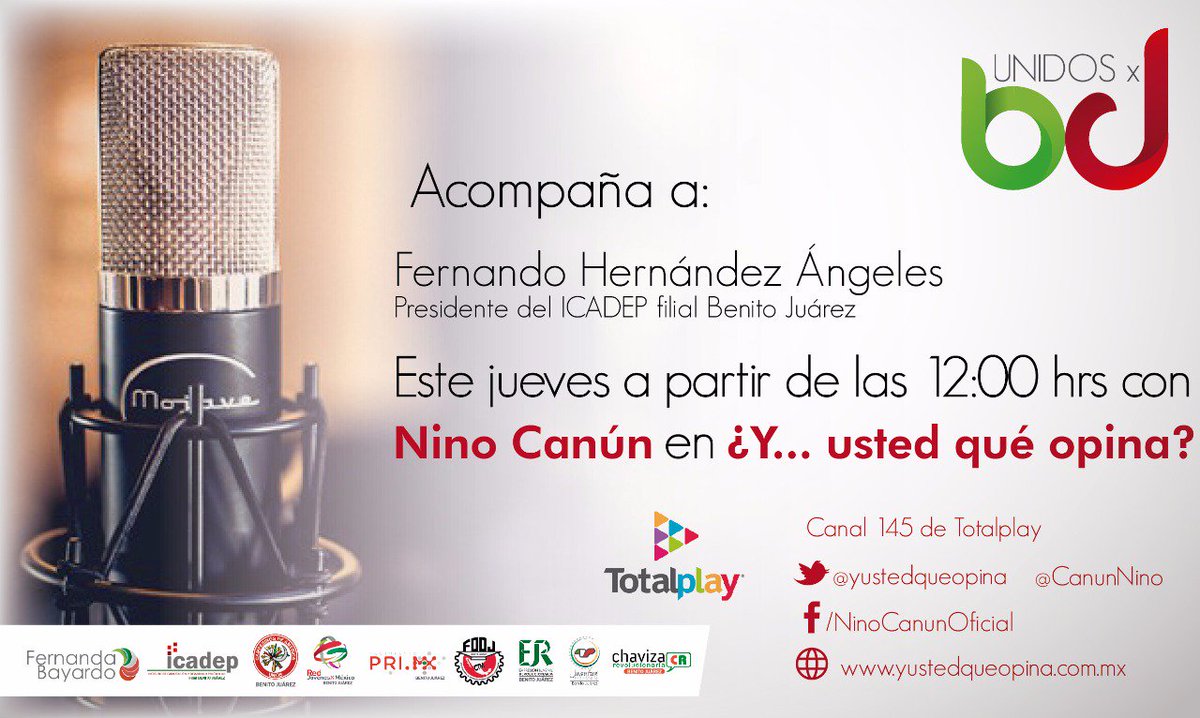 uni2xbj's tweet photo. Acompáñanos mañana / 12:00 hrs, a ver la participación de @ferha102 en el programa ¿Y usted qué opina? Con @CanunNino.

Seguimos #UnidosxBJ https://t.co/Y0udotsACS