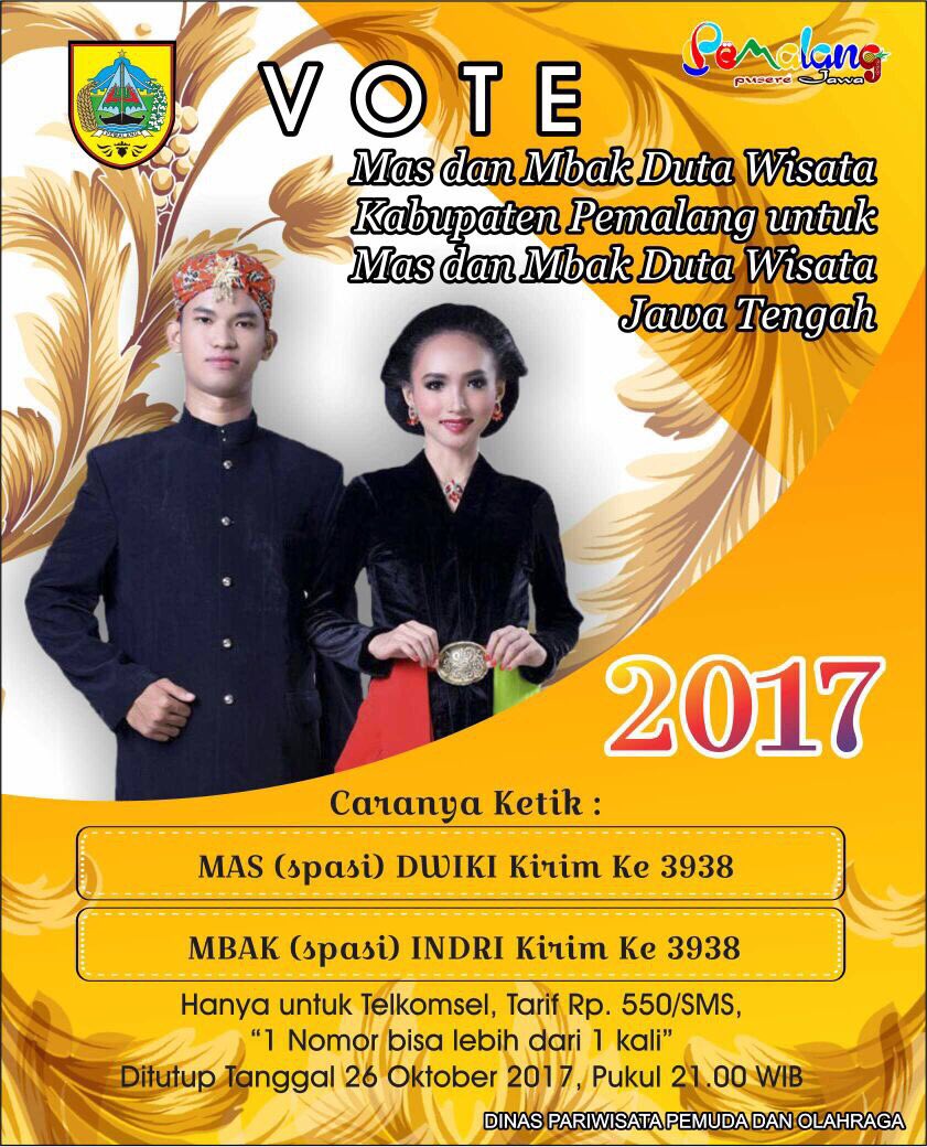 disparbudpml's tweet photo. Yuk vote Mas &amp; Mbak Kab. Pemalang 2017 😄👍
@Sapardi_MSi @PemkabPemalang @disporaparjtg https://t.co/IPmLHin4Vv