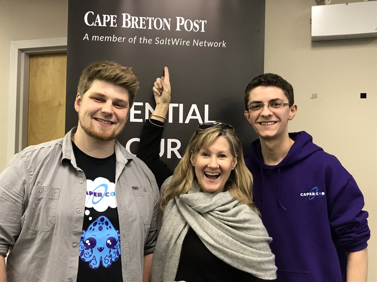 TheVeronicaT's tweet photo. Great interview with @capebretonpost today. Look for it in the paper on Friday! Flanked by awesome con chairs Eoin and Avery! #CaperCon2017 https://t.co/hI3HHrrU6V
