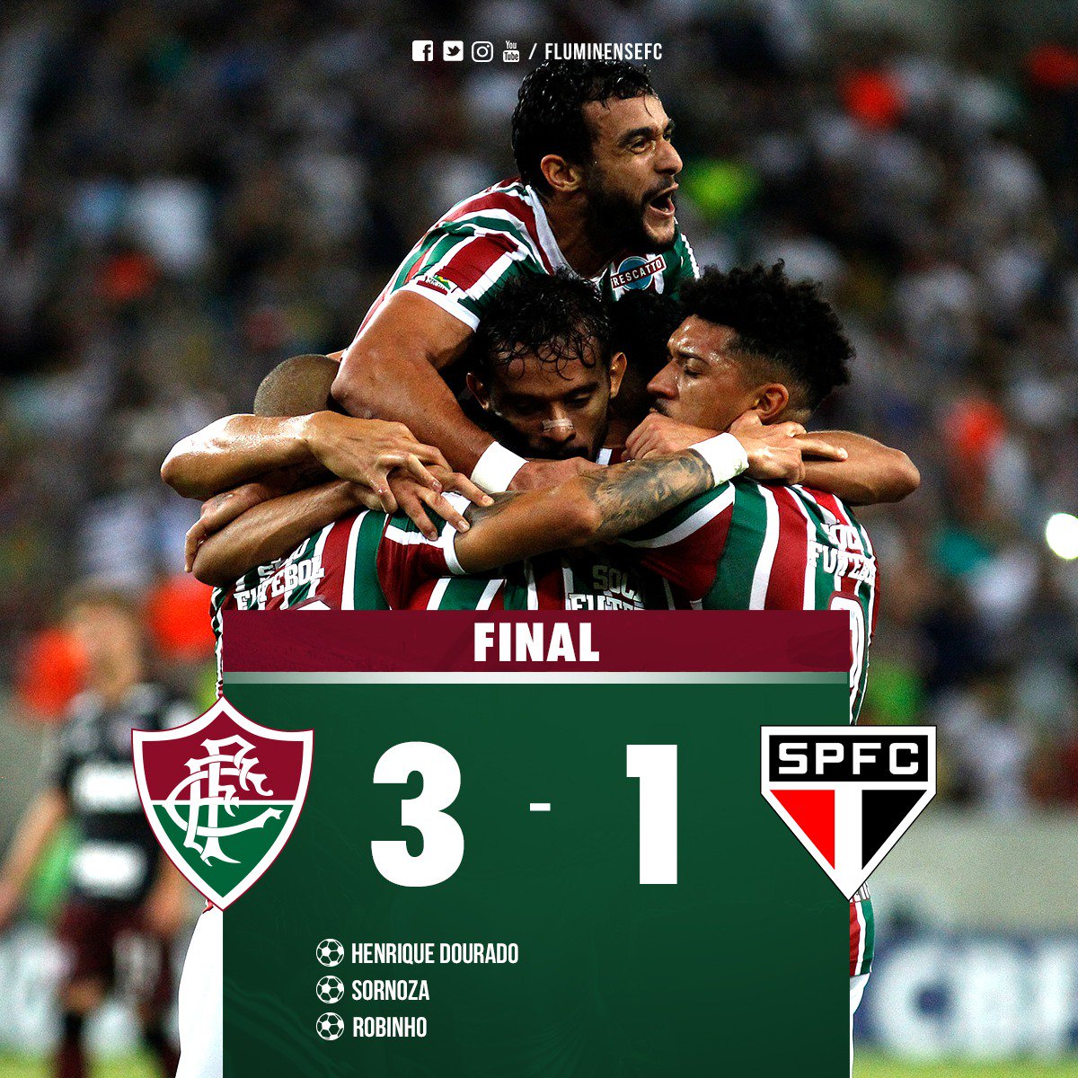 FluminenseFC's tweet photo. PARA PRA VER... QUE COMEÇOU... O SHOW DO MEU TRICOLOR! Torcida joga junto, Fluzão faz 3x1 e sobe na tabela! #FLUxSPFC https://t.co/dWlrgwoLHx