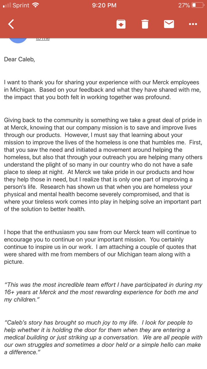 CalebWProject's tweet photo. Got a really nice email from @Merck CEO, Ken Frazier today. Wow! #GIVE #LOVE #InspireToServe https://t.co/B0H3lOTFUo