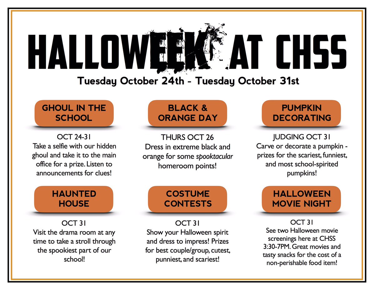 ChssStudents's tweet photo. HallowEEK begins next Tuesday! We've got lots of events planned so stay tuned for more details! 👻🎃☠️ https://t.co/S1eIMD2vxc
