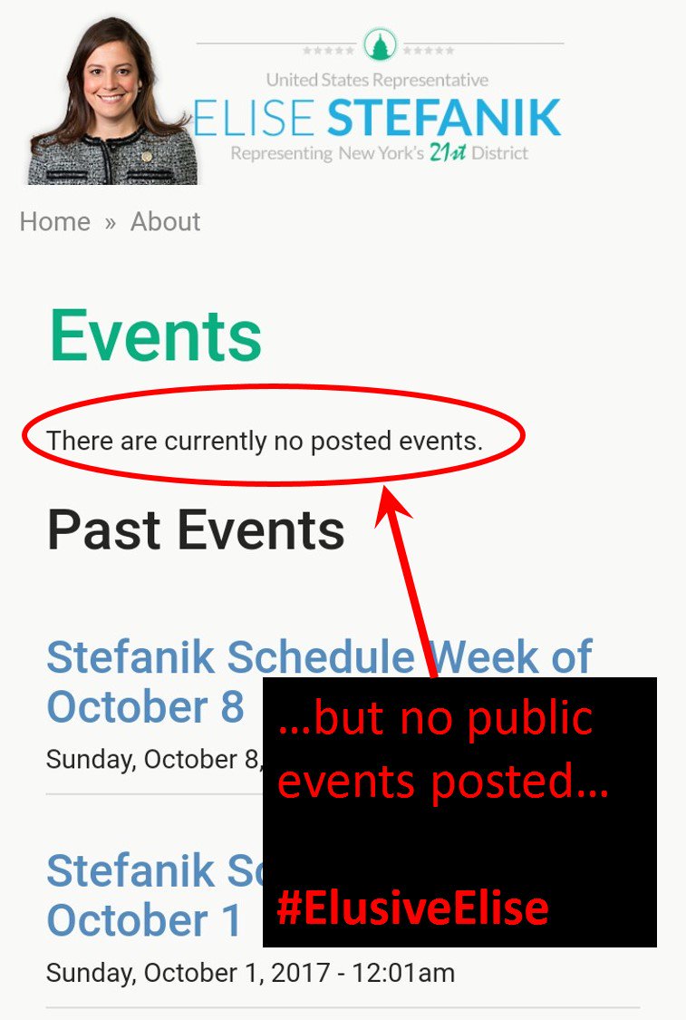 NY21Watchdog's tweet photo. House is not in session. Reps should be home w/voters, but no public events for @RepStefanik in #NY21. #ElusiveElise #SoMuchForTransparency https://t.co/vuIEQCNZyi