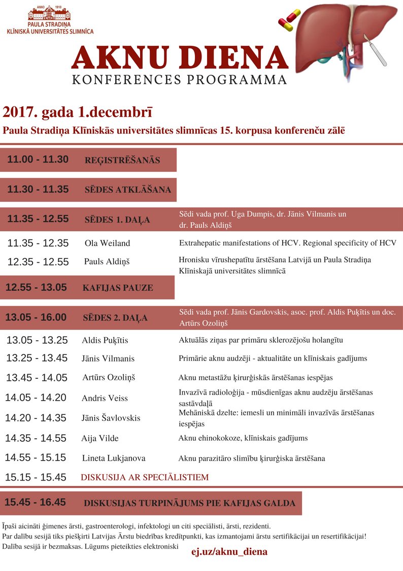 1. decembrī <a href="/Stradina_slimn/">Paula Stradiņa Klīniskā universitātes slimnīca</a> 15. korpusa konferenču zālē notiks aknu slimību ārstēšanai veltīts pasākums "Aknu diena" stradini.lv/lv/content/izs…