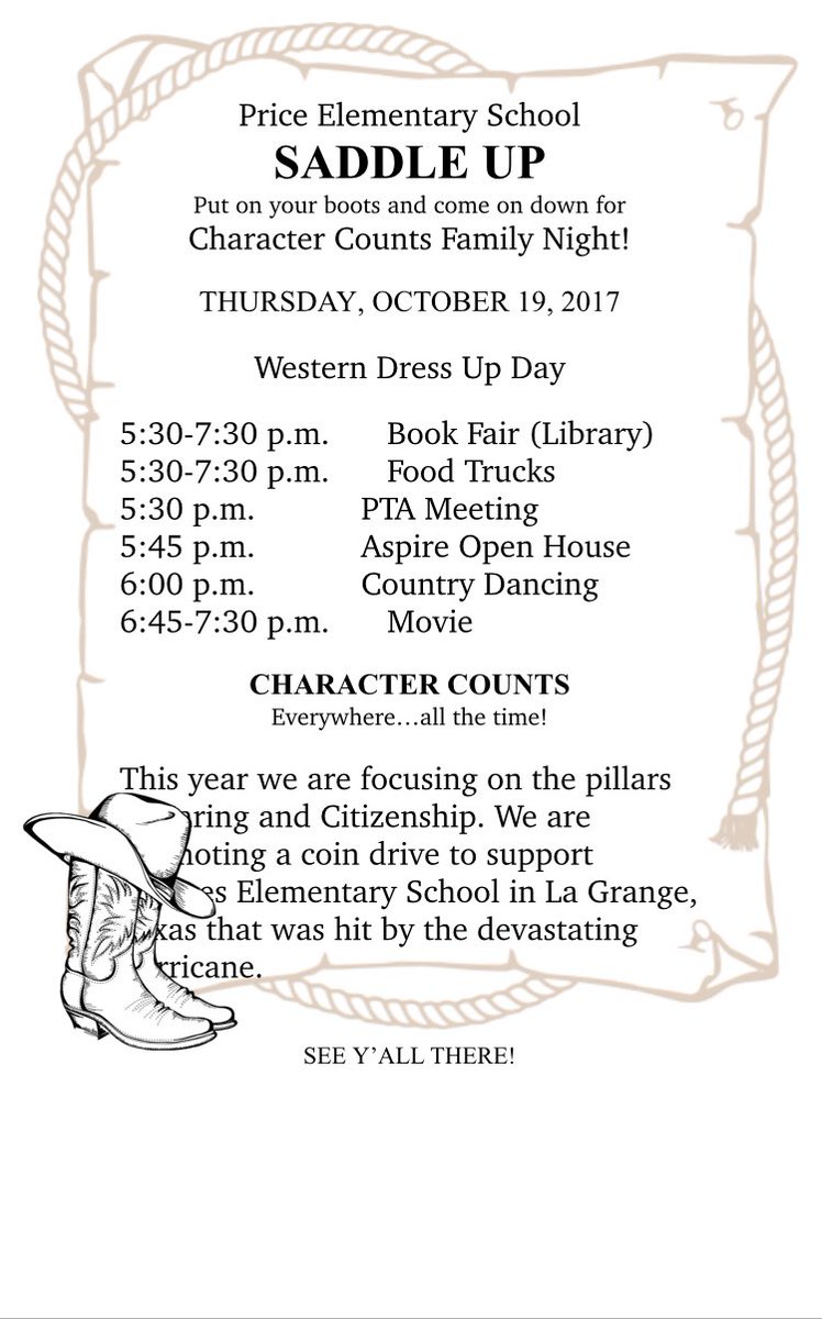 PricePanthers's tweet photo. Join us tomorrow, Oct. 19, from 5:30-7:30 p.m. for @CHARACTERCOUNTS Family Night! See the flier below for all of the details. #CCWeek2017 https://t.co/TtHSMfo7gZ