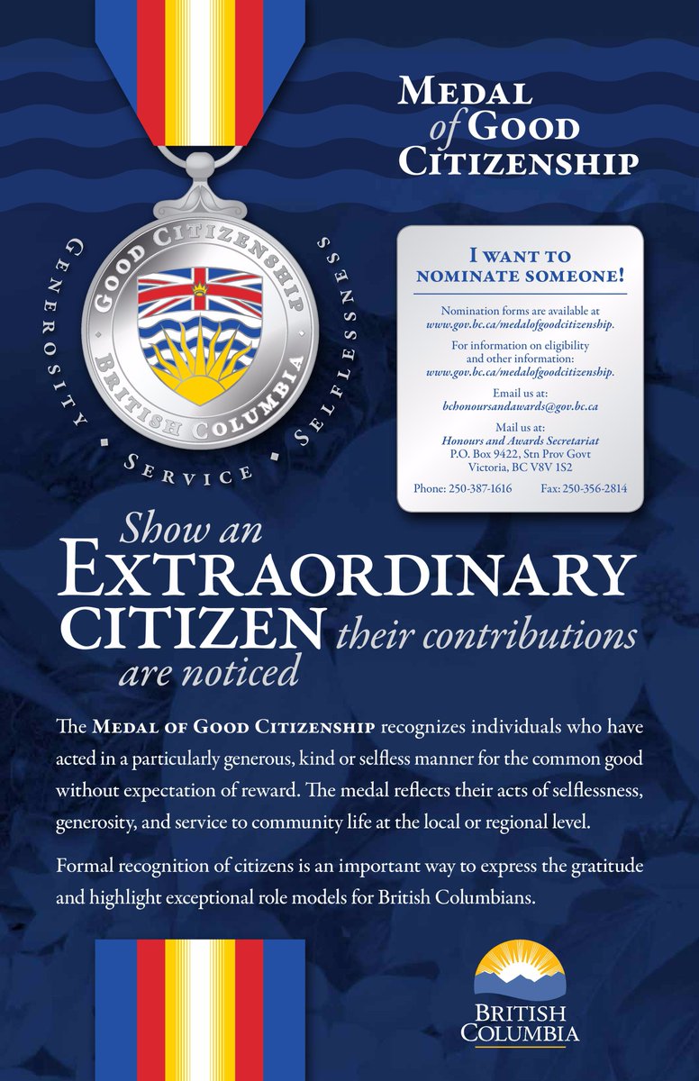 volunteerbc's tweet photo. Have you nominated someone yet? Get your nominations in here: https://t.co/9VP0tDEcWh #ExtraordinaryCitizen #BCGov #GoodCitizenAward https://t.co/GNVWs6KP2m