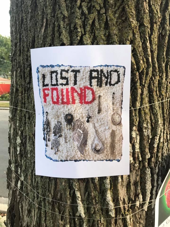 Hannah Epstein's (aka hanski) flyer exists IRL as a small hooked rug, holding lost earrings until their owners come to claim them. #Lost