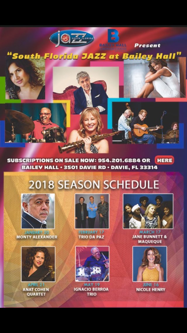 SoFlaJazz's tweet photo. #SouthFloridaJazz #2018ConcertSeries #BaileyHall Become a member. Buy TIX! Have a listen #TrioDaPaz #ProFlavio https://t.co/JL7bAy86Gf https://t.co/EgWum3dA5I