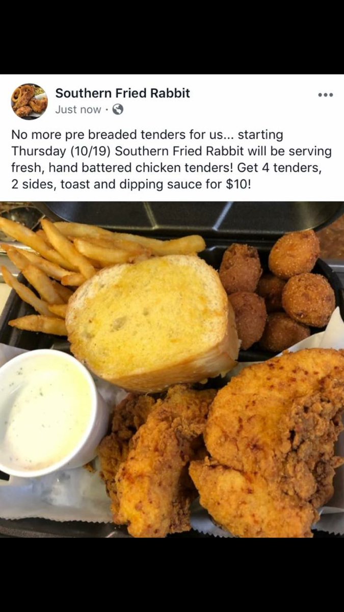 BackroadsStaff's tweet photo. We love our Southern Fried Rabbit friends and can't wait to try these chicken tenders!! #southernfriedrabbit #columbiams #Foodie #blogger https://t.co/oQT5rgWjwa