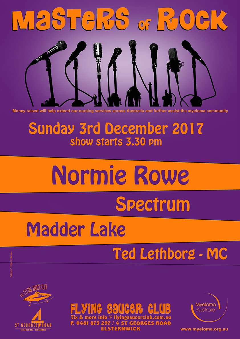 MyelomaAust_MFA's tweet photo. 7th Annual Masters of Rock 2017 Feat: Normie Rowe, Spectrum &amp; Madder Lake
Tix Prem $55 Reg $47 Standing $22 Door $25 https://t.co/hJD8aBv1ai https://t.co/cQDTyZcsbi