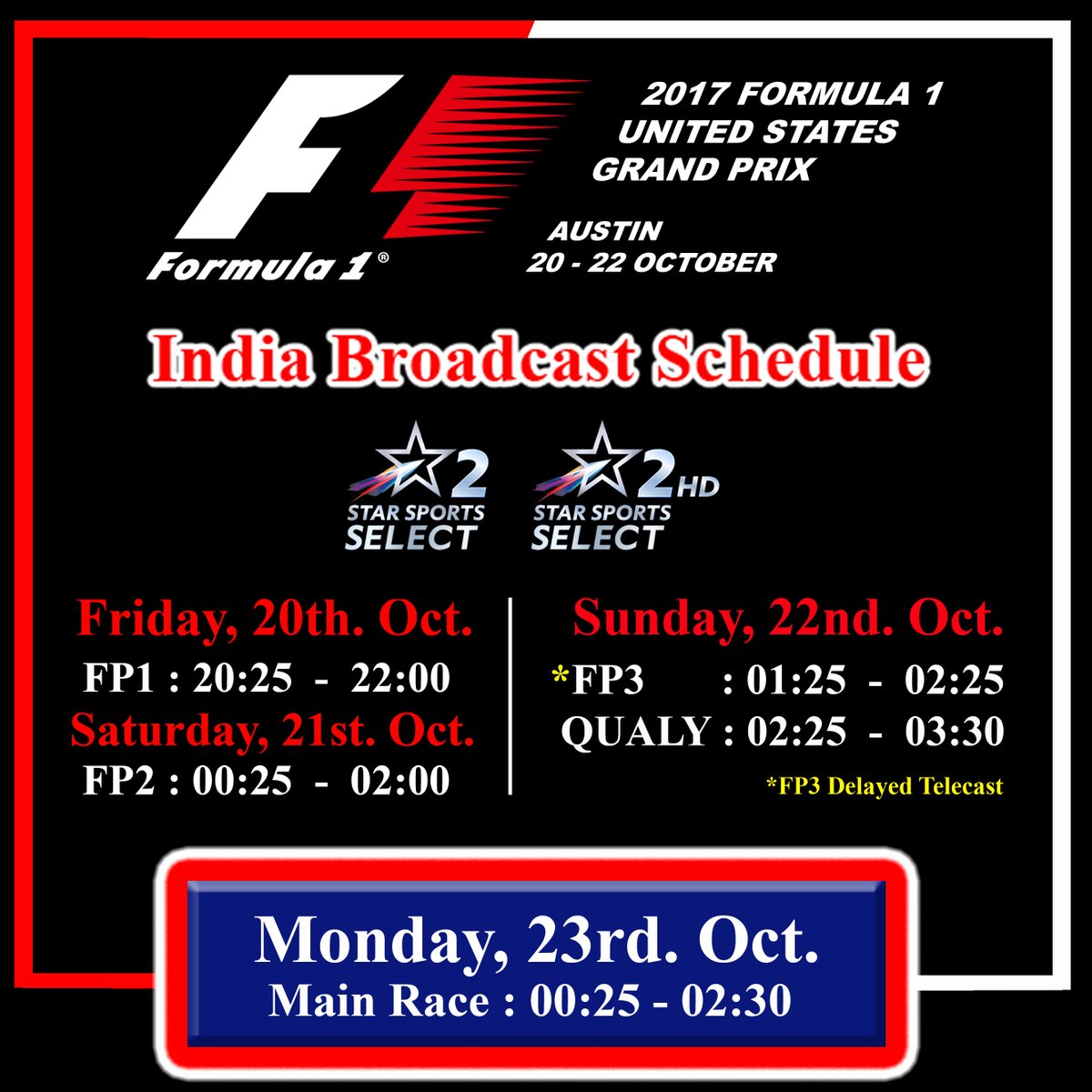 cfmagindia's tweet photo. The #USGP India Broadcast Schedule is here! #Seb5 #LH44 #TeamLH #VettelvsHamilton #F1 #TwitterSports https://t.co/ao0iJS79hD
