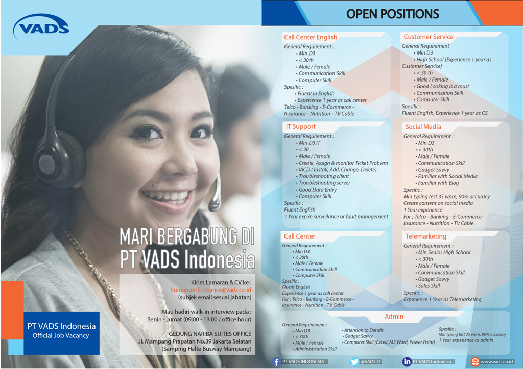 VADSID's tweet photo. PT VADS Indonesia saat ini sedang membuka lowongan pekerjaan dengan beberapa posisi seperti berikut.
@IDVADS #VADScancy #VADSter https://t.co/1HzQLBkyWI