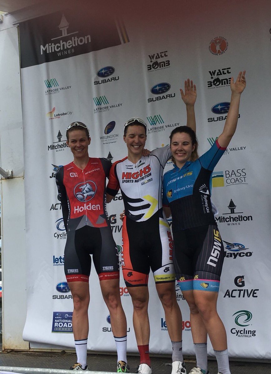 Fantastic to also have our strong sprinter <a href="/Kimbers_Wells/">Kimberley Wells</a> @holdencycling on the podium stage 1 @Subaru_NRS #ToG17 #NRS #womenscycling