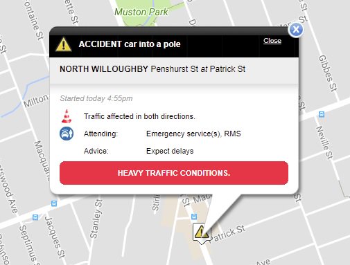 CarynMetcalfe's tweet photo. A car has hit a pole on Penshurst St, near Patrick St, in North Willoughby. Road closed both ways, expect delays. https://t.co/8dggkHuli8
