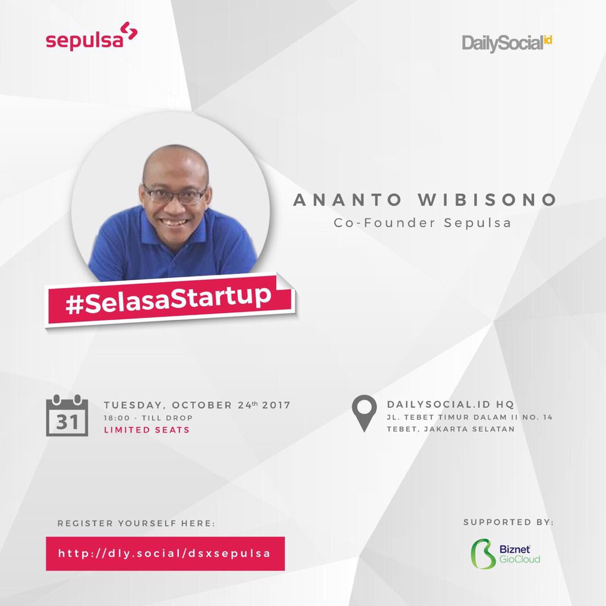 dailysocial's tweet photo. #SelasaStartup minggu depan akan diramaikan oleh @akuantok , Co-founder @sepulsa_id !

Register now! Di https://t.co/4fxCzIZaha

#dailysocial #startup #business #indonesiastartup #selasastartup #selasastartup #growth #sepulsa https://t.co/pFEPl5kYCb