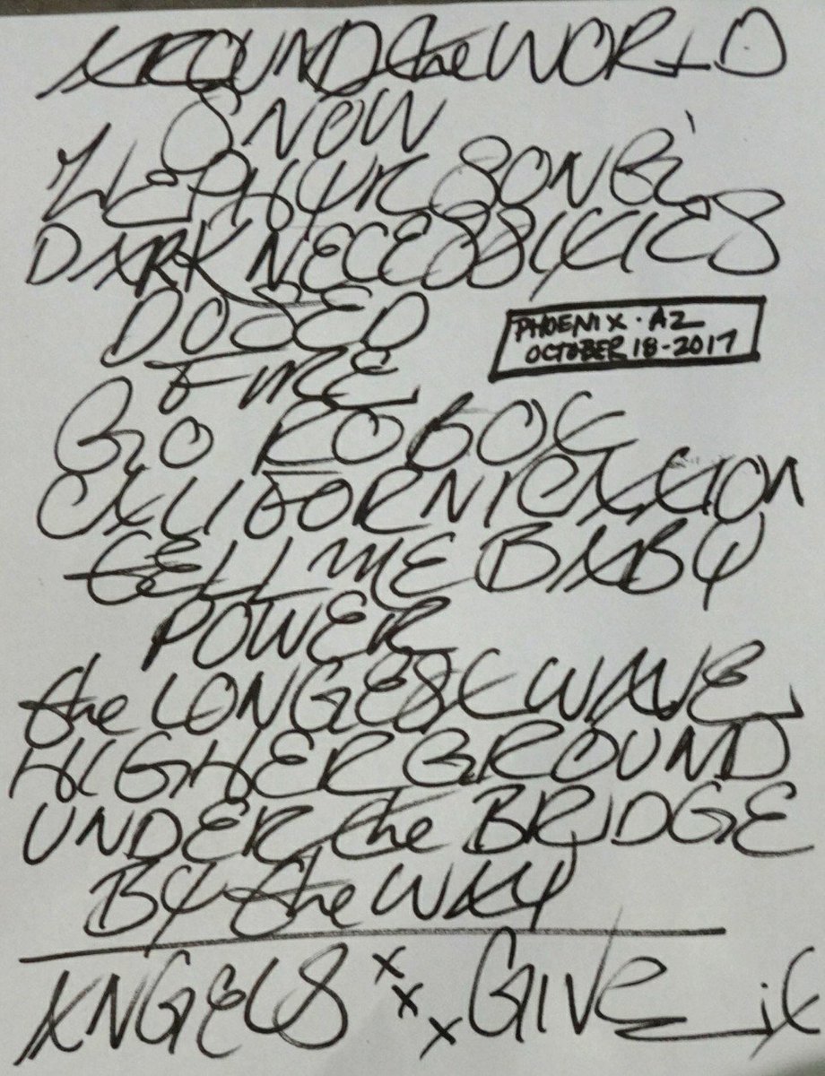 Henrik_RHCP's tweet photo. Setlist Glendale, USA 🇺🇸 - Oct/18/2017
Red Hot Chili Peppers
@GilaRivArena
#RHCPGlendale
#RHCP2017
#RHCP
#TheGetawayTour https://t.co/KtzGsas9XH