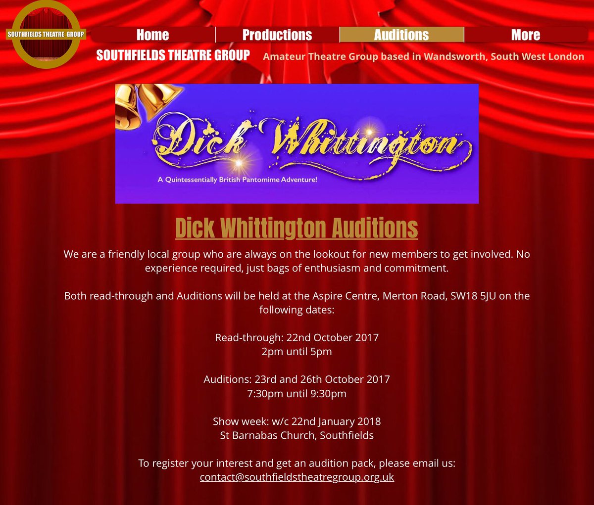 Want to get involved?
The readthrough and auditions for our pantomime start on Sunday 22nd at the Aspire Centre 2-5.
southfieldstheatregroup.org.uk/auditions