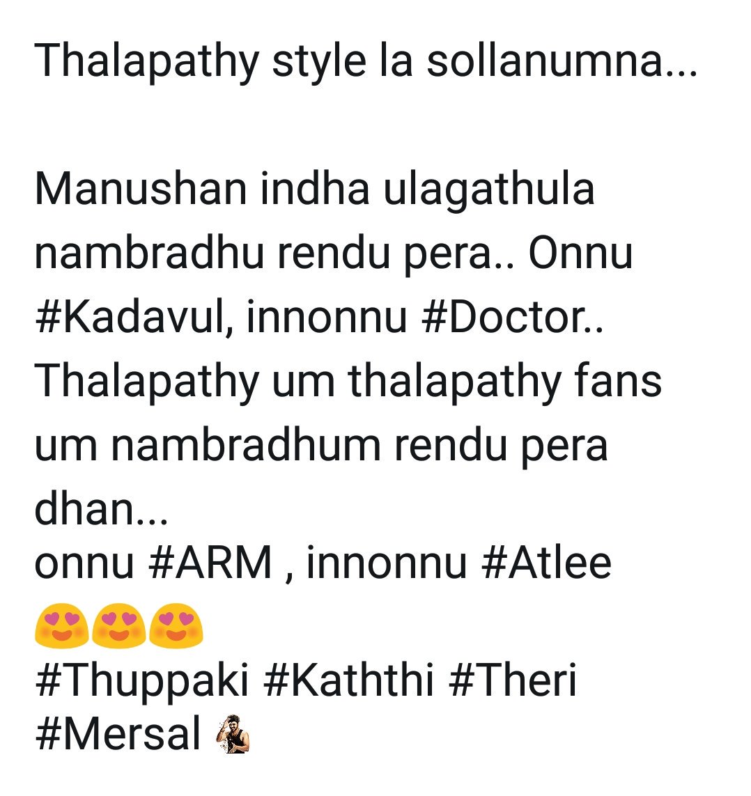 shalusenthil's tweet photo. Thank you @Atlee_dir bro for showing the real hardwork of our Thalapathy @actorvijay on screen.. 

#Mersal https://t.co/bxsqWDBmKt