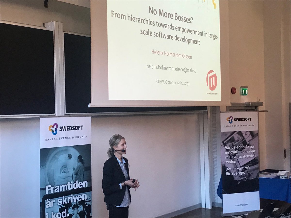 Swedsoft's tweet photo. Helena H Olsson, @malmohogskola & the Swedsoft board, talk about moving from hierarchical to empowerment in large scale SW dev #STEW2017 https://t.co/zJElH8EgVa