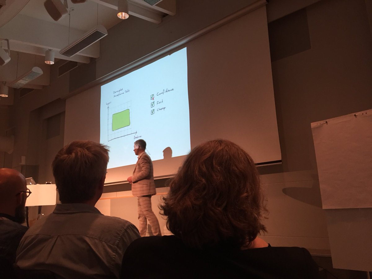 jasonlittle's tweet photo. Decoupled acceptance tests inspire *some* confidence and are fast and cheap. #Devlin2017 @aslak_hellesoy #subsecondtdd https://t.co/NzfWVDG5Zu