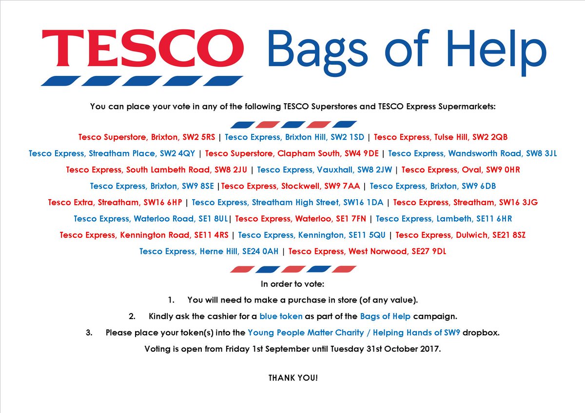 YPMCharity's tweet photo. Vote for 'Helping Hands of SW9' to help us win a grant in Tesco's #BagsOfHelp initiative. Voting closes October 31st. 
#SW9 #YPMCharity https://t.co/AJm2bQHLnc