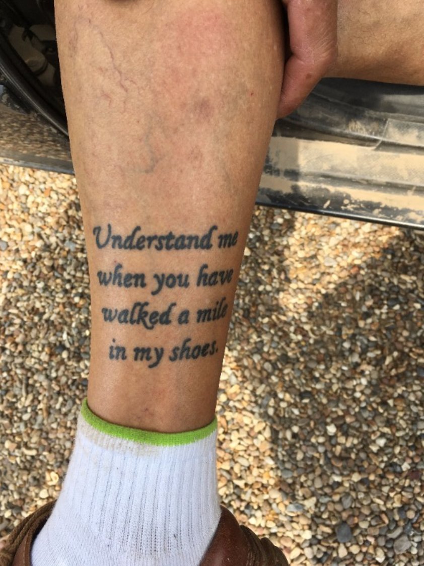 LIFTfestival's tweet photo. .@empathymuseum, part of #LIFT2016, took A Mile In My Shoes to Osea Island &amp; a resident got a tattoo of the proverb that inspired them 😮 https://t.co/2ktoPL6EjD