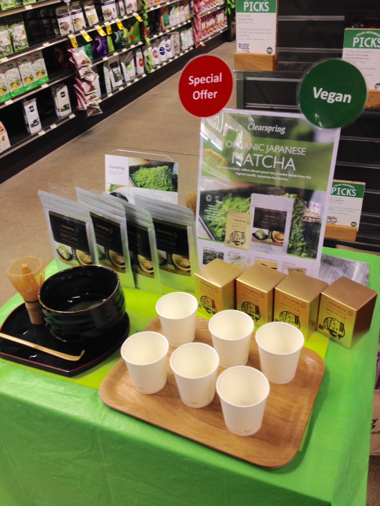 ClearspringUK's tweet photo. We're sampling #Matcha #tea @WholeFoodsUK #today ! Come and try๐ #JustAddMatcha #Organic #Vegan https://t.co/n09UXDlvm5