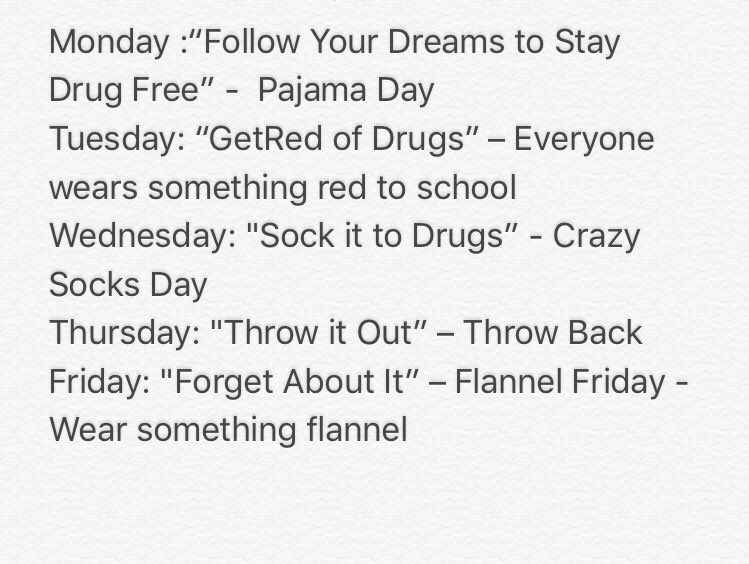 Hope you enjoyed the spirit days this week! Join the HCHY club as we recognize Red Ribbon Week ( Oct. 23-27).