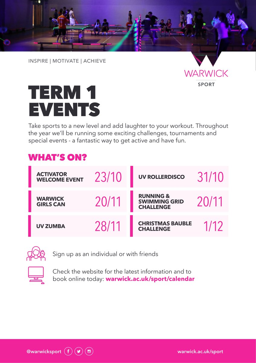 WarwickSportCDO's tweet photo. Look out for @warwicksport events this term!
Starting with UV Roller Disco by @rollerrev on 31st October
#activecampus #warwickactive https://t.co/ispQ2Sz9NF