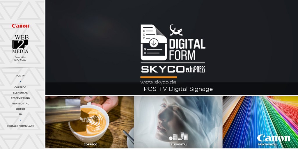 CanonDEUB2B's tweet photo. Alles aus einer Hand? Von #WebtoPrint bis #DigitalSignage. Das kann unsere Web2Media Plattform – powered by SKYCO #viscom2017 #UNLEASHPRINT https://t.co/HAIOl7ZRzl