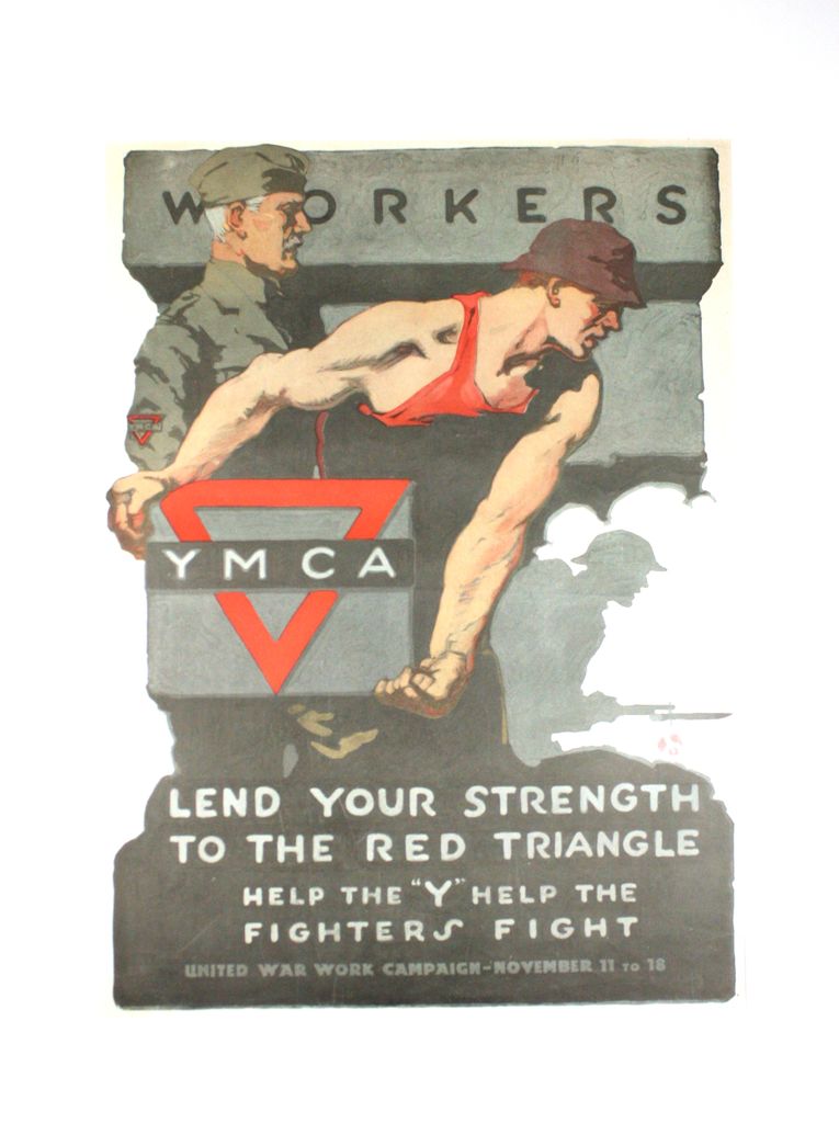 NJStateMuseum's tweet photo. "Workers Lend Your Strength" (1918), Gil Spear. The YMCA distributed this poster as part of the United War Work Campaign. #EmbattledEmblems https://t.co/KfdLAff9Xo