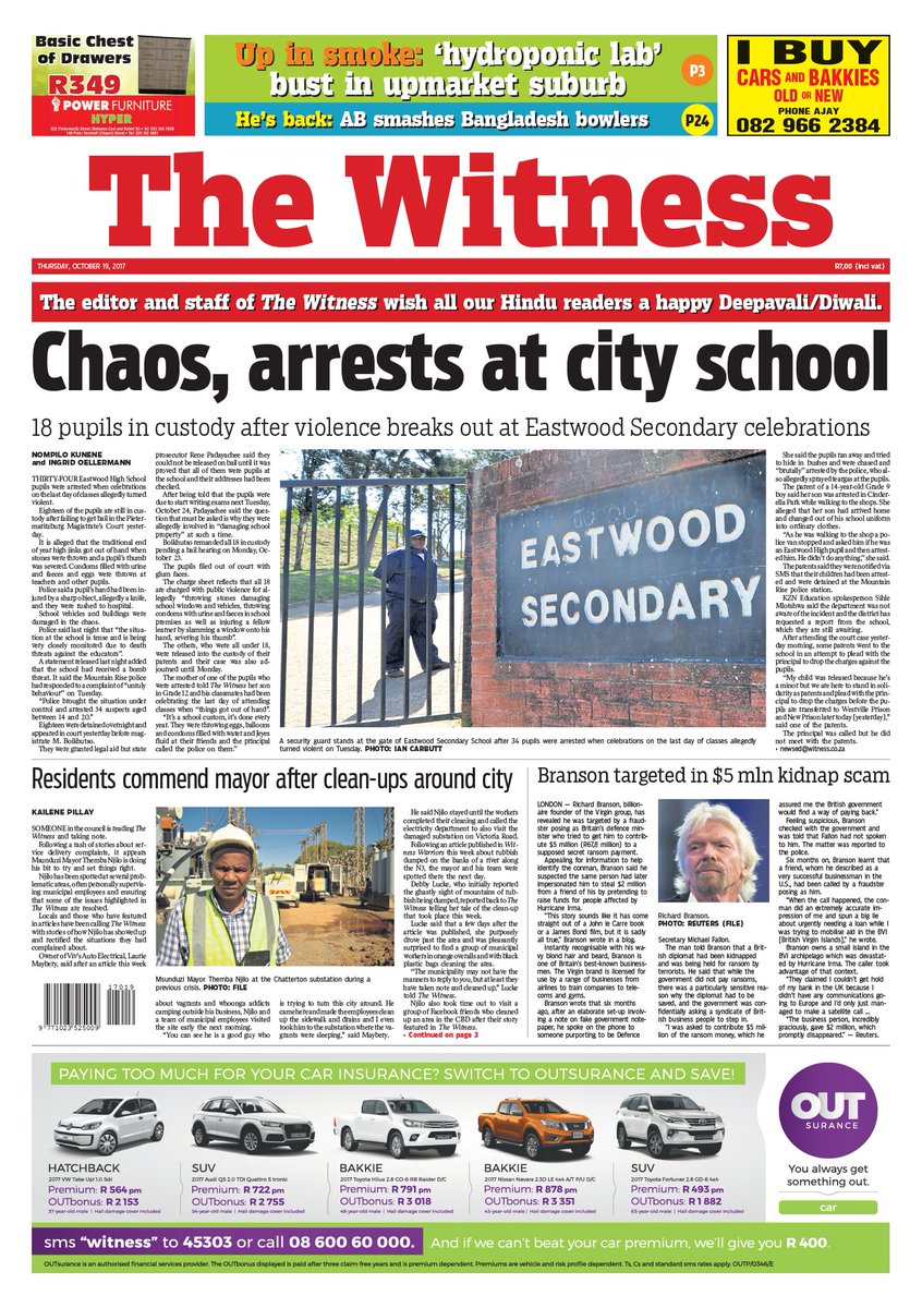 WitnessKZN's tweet photo. Today's #WitnessNewspaper: 18 #EastwoodHigh pupils arrested after high school jinks got out of hand| #Witness prompts mayor to action | https://t.co/hIcBhivuoK