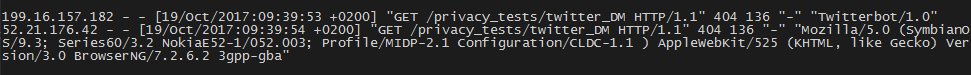 x0rz's tweet image. When you send a link in a DM, it gets downloaded by:
1) Twitterbot/1.0 from Twitter IP
2) SymbianOS/9.3 from an Amazon EC2 IP

Wtf @Twitter?