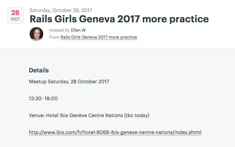 RailsGirlsGVA's tweet photo. A post RailsGirls meet up has been created. They’ll have their first event on Saturday October 28th. Register here: https://t.co/sJsOYtSrgS https://t.co/wJkJqDhN03