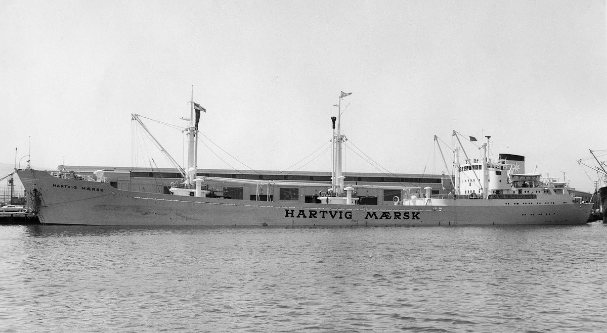 Maersk's tweet photo. Meet HARTVIG MÆRSK: the first @MaerskLine ship to call in West Africa in 1959, transporting goods between Asia and Africa. https://t.co/5sbQ5dVAPv