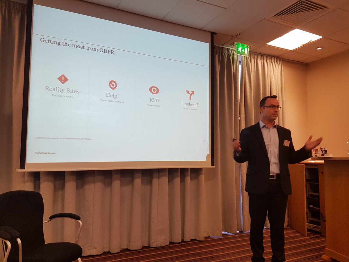 simonboyd82's tweet photo. Pat Beattie telling the audience to think strategically and make #GDPR work for their business. 'Know your data'... @PwC_NI #Fraudacademy https://t.co/DlyVn4eVYU