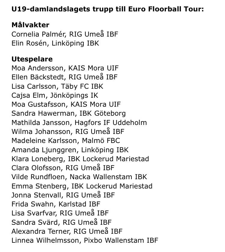 Truppen, U19-damer. Först EFT sen VM i maj 🙌 🇸🇪

innebandy.se/Nyheter/Landsl…
