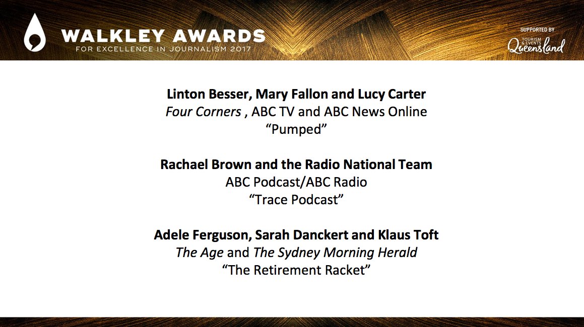 walkleys's tweet photo. The finalists for Investigative Journalism are... #Walkleys https://t.co/enHtqwCfil
