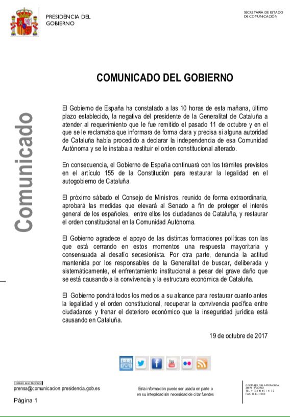 jmbellidoroche's tweet image. El gobierno presidido por @marianorajoy pone en marcha el artículo 155 de la Constitución para restablecer la legalidad en Cataluña.