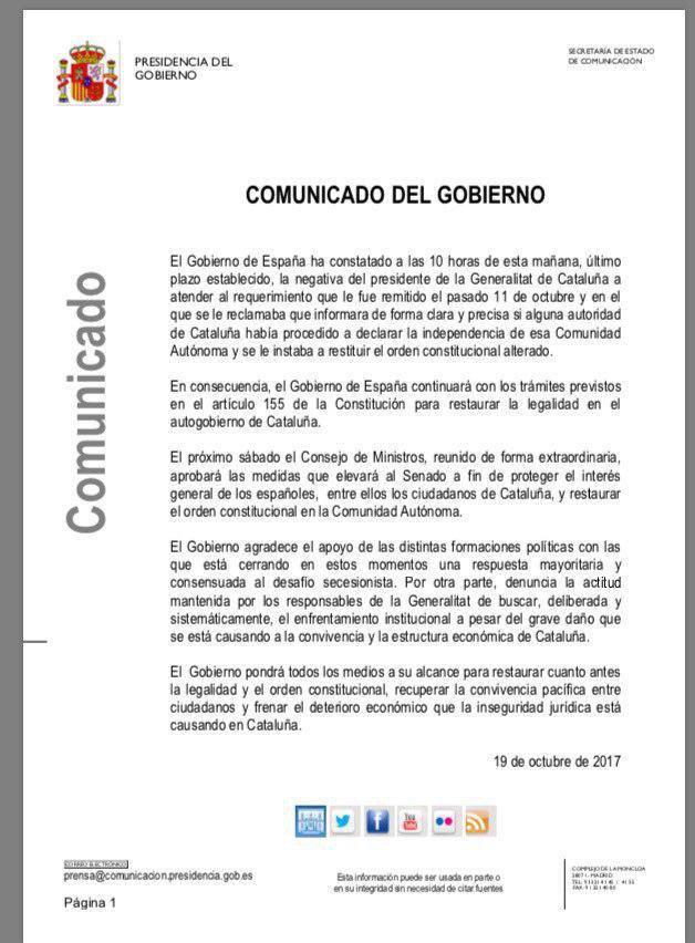 jgomezgarzon's tweet photo. El comunicado del Gobierno confirmando que continúan con los trámites del artículo 155 https://t.co/YpMhx7QoNF