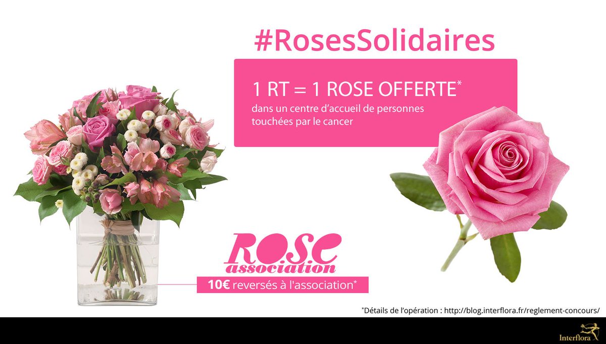 Interflora's tweet photo. 1 RT = 1 Rose envoyée dans un centre d'accueil de personnes touchées par le cancer💞
Tweetez vos messages de soutien avec le #RosesSolidaires https://t.co/LzVUUCfLnc