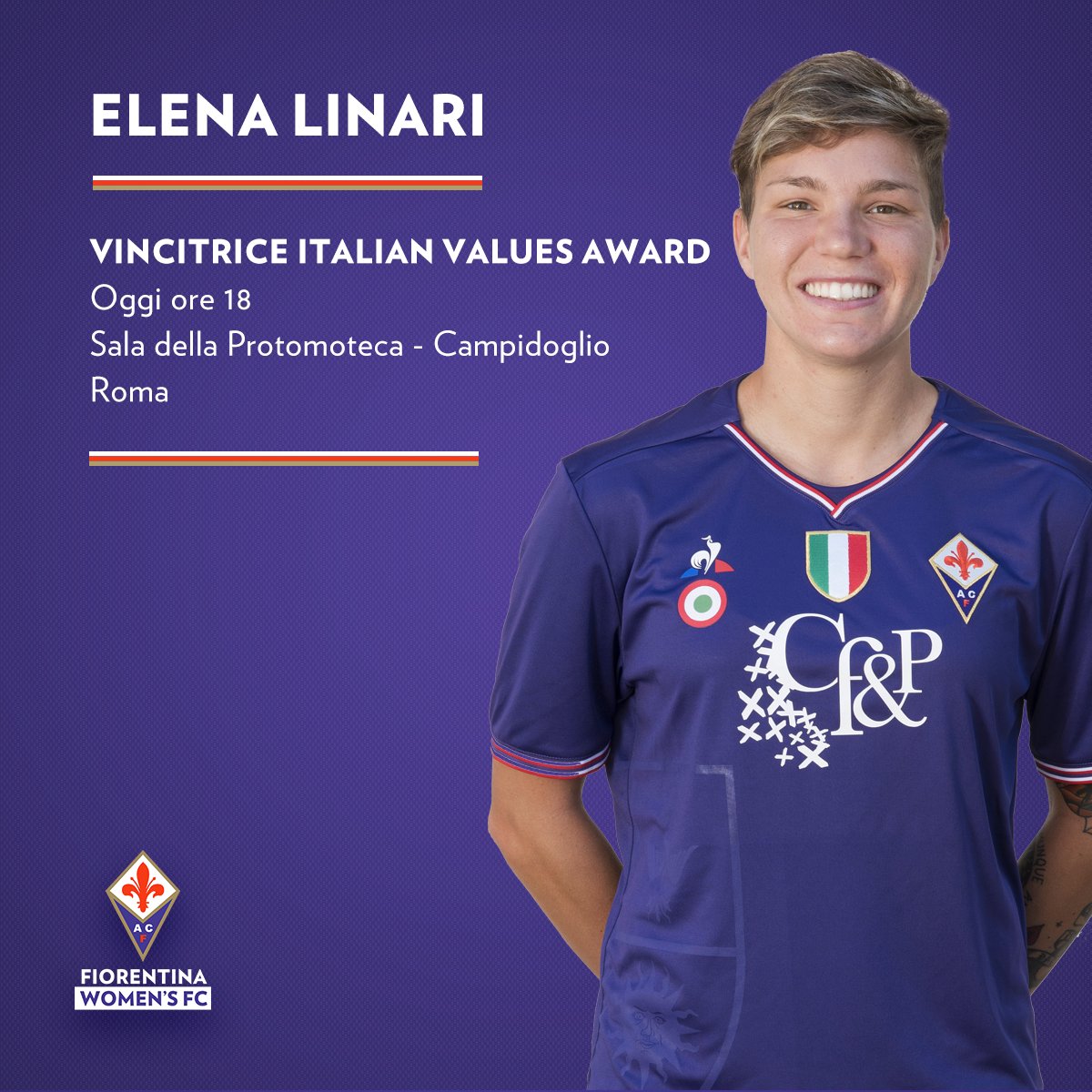 ACF_Womens's tweet photo. .@ElenaLinari premiata con l'Italian Values Award!🎖️
Carisma e talento della viola le motivazioni👉https://t.co/pN07MVLKEw
#BattitiViola https://t.co/GZxbYKhB49