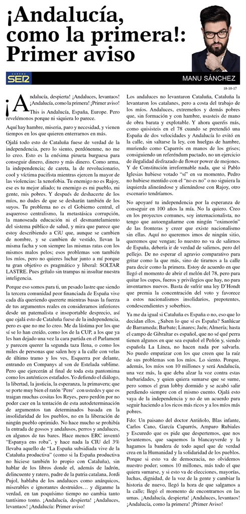 🔴Columna | "¡ANDALUCÍA,COMO LA PRIMERA! PRIMER AVISO"
Ojalá todo esto fuese de la independencia, pero no me lo creo. cadenaser.com/emisora/2017/1…