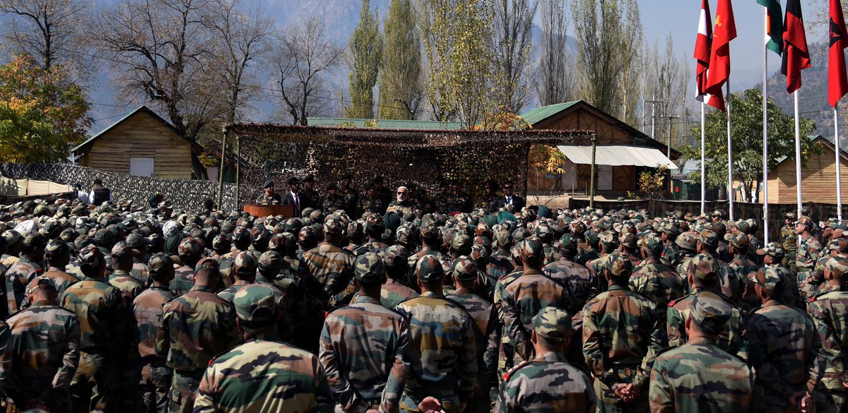 narendramodi's tweet photo. Glad to have celebrated Diwali with our brave Army and BSF Jawans in the Gurez Valley, Jammu and Kashmir. https://t.co/ebCM4JO6jc