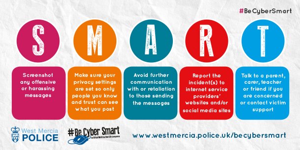 bullyinguk's tweet photo. #BeCyberSmart with @WMerciaPolice and use these top tips to stay safe online https://t.co/OIi354mJOT https://t.co/kIjfA8hOEa