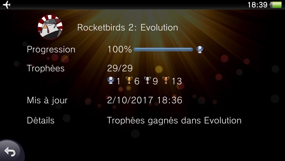 nicolasmoulin's tweet photo. 39ème platine sur #Rocketbirds2Evolution #PSVita @ratloop @PlayStationFR @damonx @VITAinParis @PSTHC #psvita #psvitahasnogames 💪👊 https://t.co/jwGyeXIGsF