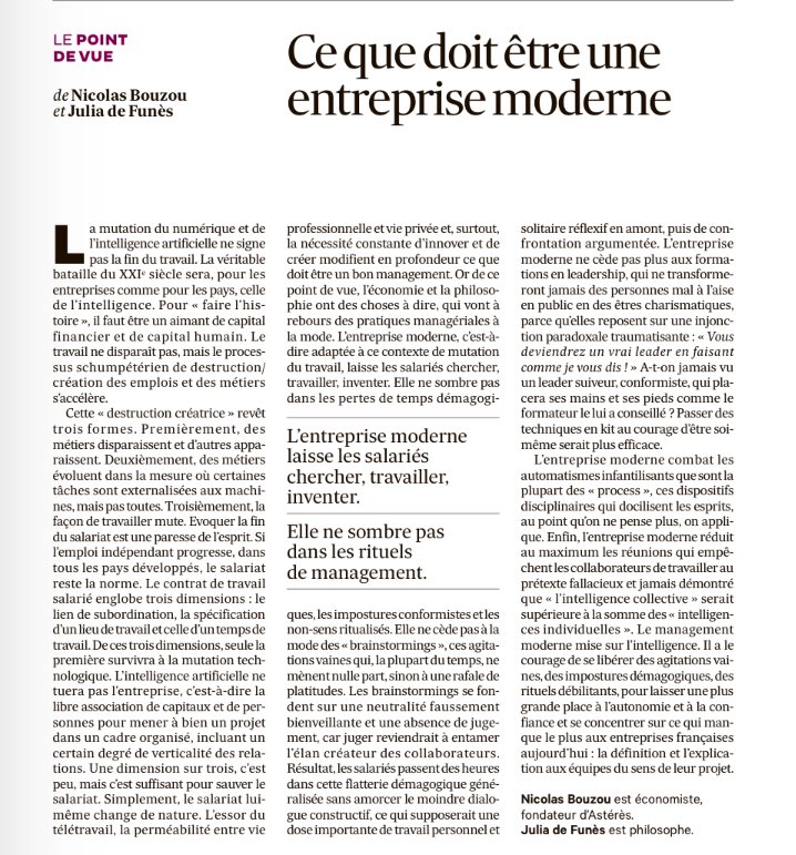 nbouzou's tweet photo. L’entreprise moderne supprime les brainstormings, les réunions et les formations au leadership : @JuliadeFunes et moi dans @LesEchos https://t.co/MIKAVrrApE