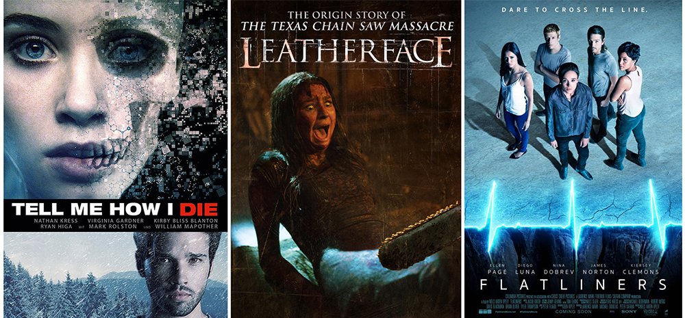 HorrorclubTH's tweet photo. 3 หนังใหม่เอาใจคอหวีดวีคนี้ #TellMeHowIDie ไล่เชือดผสมไซไฟ #Leatherface โหดเลือดสาด #FLATLINERS หลอนเหนือธรรมชาติ ชอบแนวไหนจัดไปในโรง https://t.co/2Na04Kpr7I