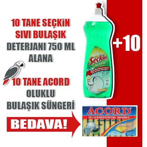 10 ADET
SEÇKIN SIVI BULASIK DETERJANI 750ML
ALANA
10 ADET ACORD BULASIK SÜNGERI 
BEDAVA ..HEMEN TIKLAYINIZ goo.gl/rVJ6Qk