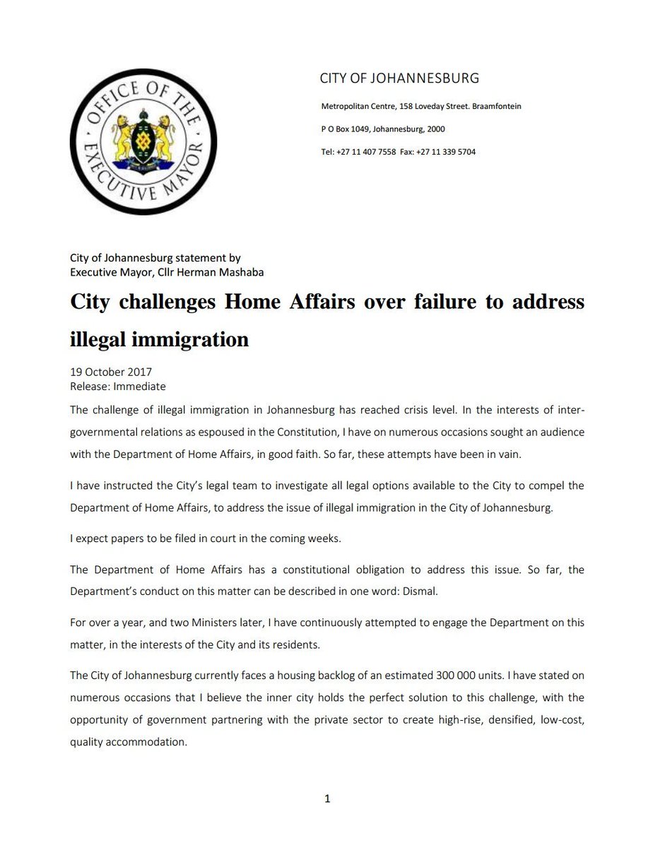 HermanMashaba's tweet photo. Illegal immigration in @CityofJoburgZA has reached crisis level. Home Affairs' conduct on this matter can be described in one word: Dismal https://t.co/vyN9UpCgMf